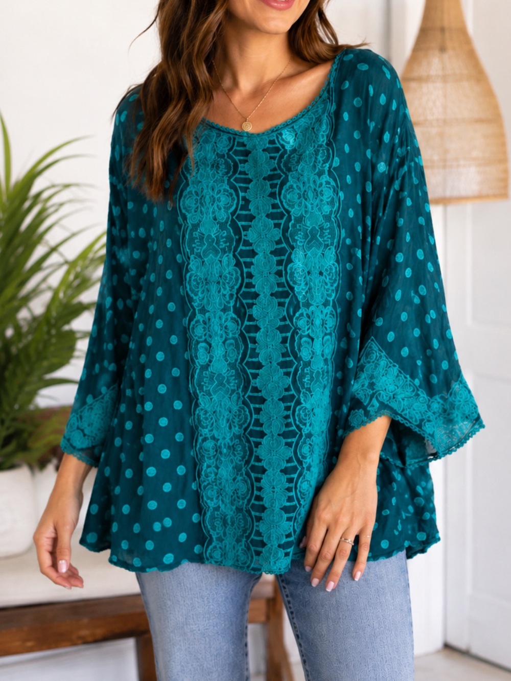 Johnny Was Binx Embroidered Tunic Top Teal Boho 3X‎ NWT